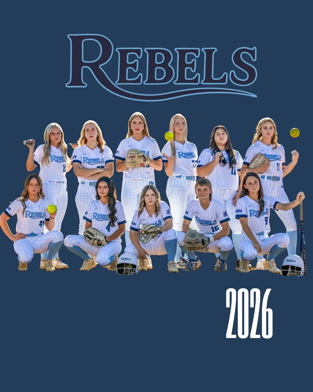 2026 Redding Rebels team photo in white pinstripe uniforms